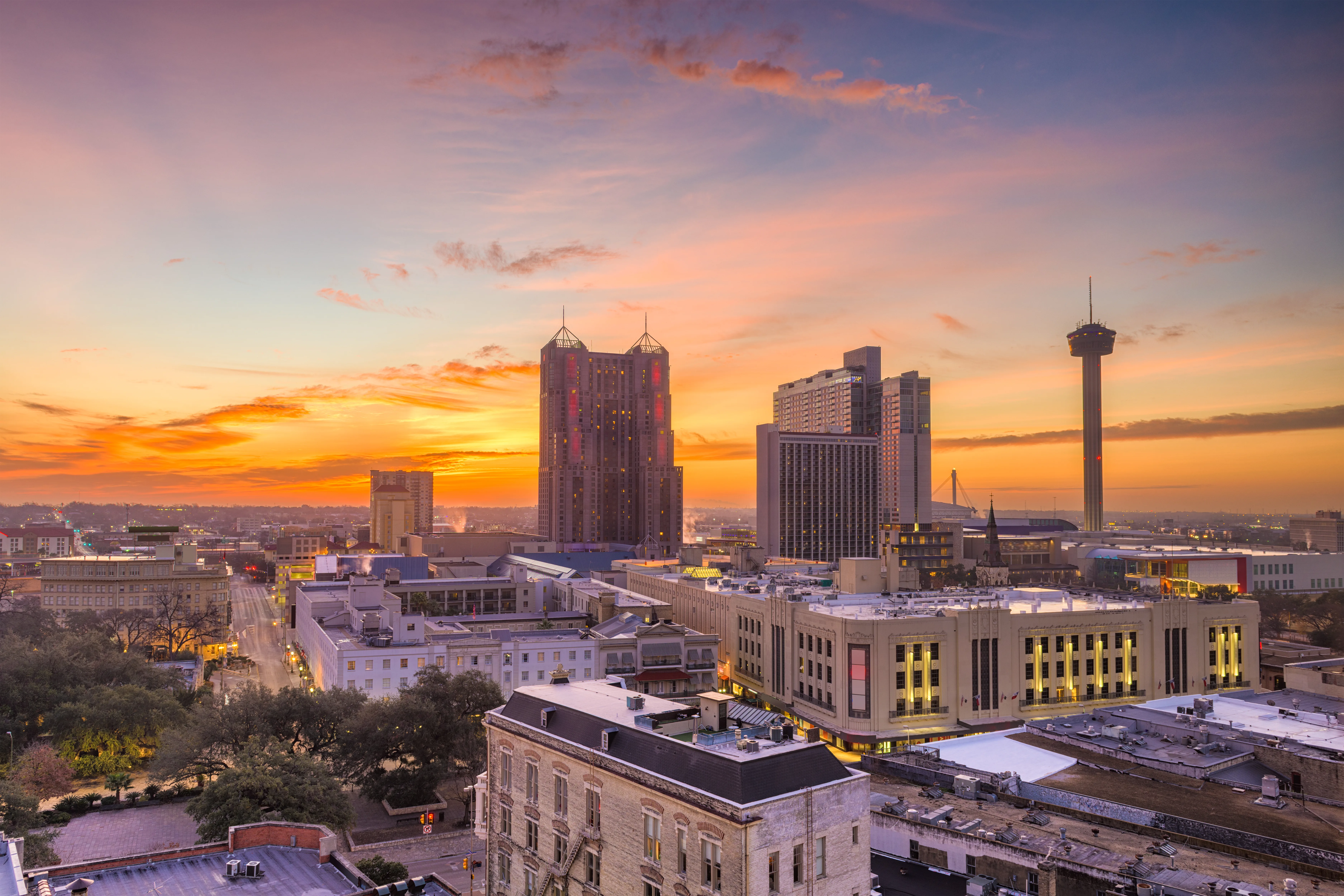 San Antonio Texas skyline at sunset